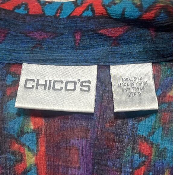 Chicos Silk V Neck Sheer Blouse Size 2 Medium Flare Sleeve Patchwork Lettuce Hem - Picture 3 of 5